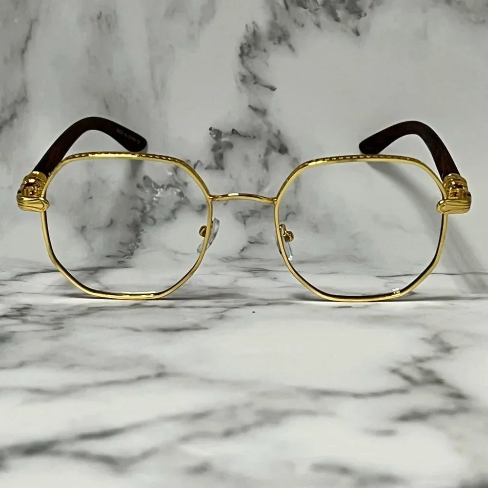 Eye Glasses Round Clear‎ Lens Hip Hop Style Flat Lens Gold Metal Buffs Classic
